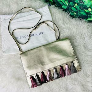 Rebecca Minkoff gold clutch / crossbody bag purse colorful tassels